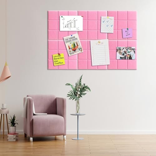 6 Packs Pink Cork Board Felt Board Tiles, Bulletin Board 12"X12" with 30 Push Pins, Felt Board for Home Kitchen Office Decor, Self-Adhesive Corkboard Tiles for Walls School Message Display Board