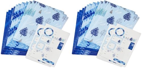 Hallmark Recyclable Flat Wrapping Paper Sheets with Cutlines on Reverse (12 Folded Sheets with Sticker Gift Tags) Winter Blue Plaid, Trees, Navy Blue, Light Blue, White, Gray (0005EW 1016) (Pack of 2)