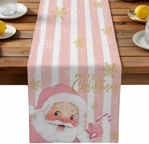 Pink Santa Claus Table Runner Dresser Scarf 13 x 36 Inch Merry Christmas Candy Snowflake White Striped Table Runners Non-Slip Heat Resistant Kitchen Dining Table Decor for Home Holidays Indoor Outdoor