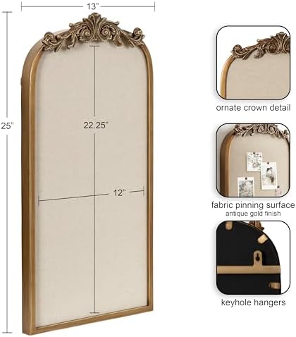 Kate and Laurel Arendahl Arch Pinboard; Gold; 13 x 25; Framed Arched Ornate Vintage Cork Board for Unique Display; Organization; and Decor Options