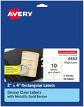 Avery Printable Glossy Clear Labels, 2" x 4" Rectangle Labels, Clear, Metallic Gold Border, Permanent Adhesive, Laser/Inkjet Printable, 60 Total (6552)