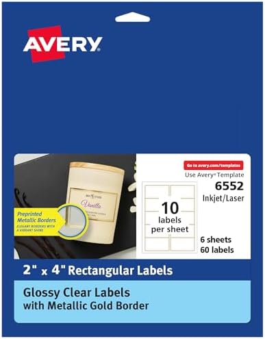 Avery Printable Glossy Clear Labels, 2" x 4" Rectangle Labels, Clear, Metallic Gold Border, Permanent Adhesive, Laser/Inkjet Printable, 60 Total (6552)
