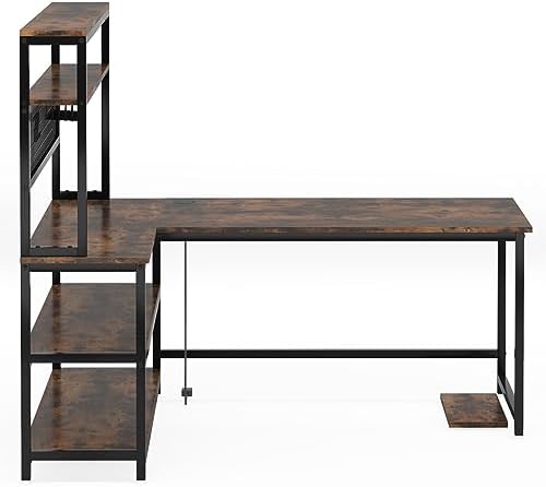 LITTLE TREE L-Shaped Computer Desk 55 Inch Reversible Office Desk Study Writing Table with Wireless Charging and Bookshelf for Home Office, Brown