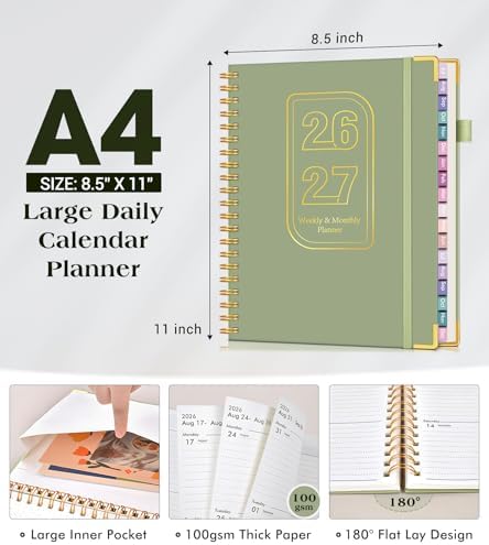 Academic Planner 2026-2027, 18 Months Weekly and Monthly Hardcover Planner, July 2026 - December 2027, 8.5" x 11" A4 Large Daily Calendar Planner Book with Tabs, Spiral College School Agenda Organizer for Student Teacher, Green