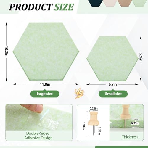 12x10 in 16 Pcs Hexagon Cork Board Tiles, Felt Pin Boards, Green