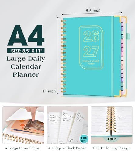 Academic Planner 2026-2027, 18 Months Weekly and Monthly Hardcover Planner, July 2026 - December 2027, 8.5" x 11" A4 Large Daily Calendar Planner Book with Tabs, Spiral College School Agenda Organizer for Student Teacher, Pacific Green