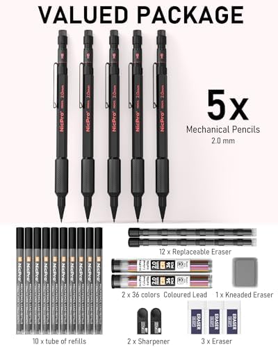 Nicpro 2mm Metal Mechanical Pencils Set with Case, 5 Pack Black