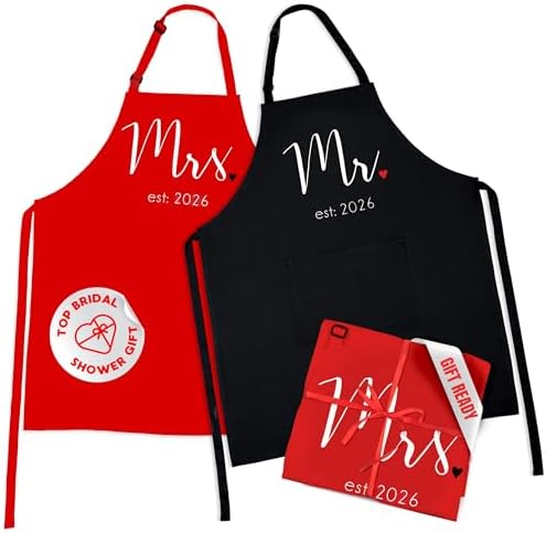Prazoli Products Mr Mrs Apron Set - Engagement Gifts, Wedding & Bridal Shower Gifts for Couple (Mr. & Mrs. Est: 2026 - Red, Standard)