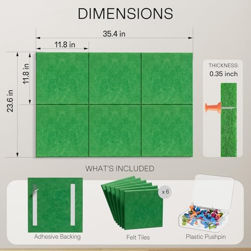 MaxGear Felt Bulletin Board 36" x 24", 6 Pack Emerald Green Felt Wall Tiles