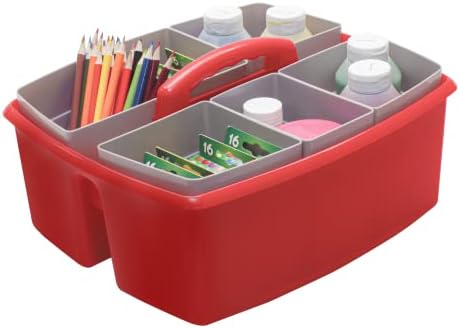 Storex Large Classroom Caddy with Cups, 13 x 11 x 6.575 Inches, Red, Case of 2 (00981A02C)