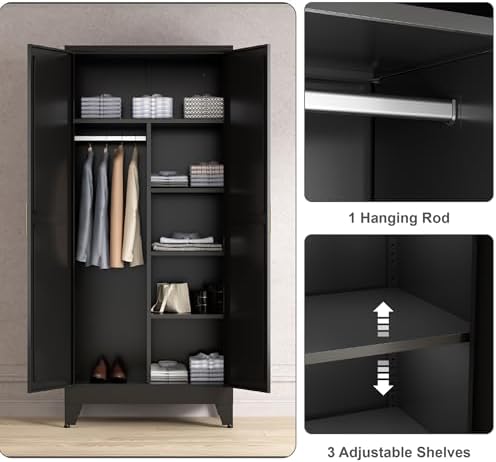 Washsemba 71'' Farmhouse Metal Wardrobe Cabinet with Hanging Rod, 2 Barn Door Wardrobe Closet with 5 Adjustable Shelves,Drawer,for Dining Room,Bedroom,Living Room, Cloak Room,Office (Black)