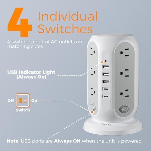 TESSAN Tower Power Strip Surge Protector, Flat Extension Cord 15 Ft, Grey
