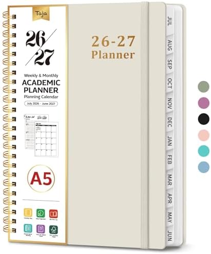 Taja Planner 2026-2027, 6.3" x 8.5" Calendar Planner, Jul 2026-Jun 2027 | A5 Hardcover Weekly & Monthly Academic Year Planner, Large Planning Agenda With Tabs, School & Office Supplies, Beige