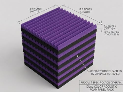 52 Pack 12 "X 12 "X1" Acoustic Panels Studio Soundproofing Foam Wedge Tiles(Accompanied By Double-Sided Adhesive Tape) (24Black+24purple)