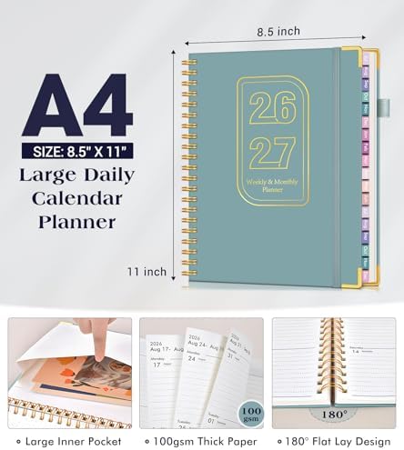 Academic Planner 2026-2027, 18 Months Weekly and Monthly Hardcover Planner, July 2026 - December 2027, 8.5" x 11" A4 Large Daily Calendar Planner Book with Tabs, Spiral College School Agenda Organizer for Student Teacher, Dusty Blue