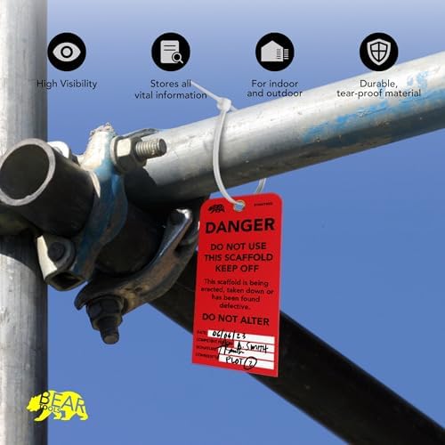 BearTOOLS Scaffold Tags - Safety Inspection Kit with Cable Ties - Danger Scaffold Status Warning Sign - Laminated 3 x 6 in, Pack of 25 - Weatherproof, Tear-Resistant - Red Tags