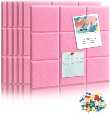 6 Packs Pink Cork Board Felt Board Tiles, Bulletin Board 12"X12" with 30 Push Pins, Felt Board for Home Kitchen Office Decor, Self-Adhesive Corkboard Tiles for Walls School Message Display Board