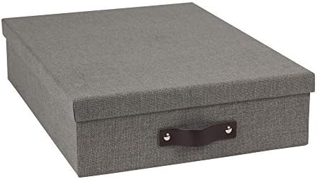 Bigso Oskar Canvas Fiberboard Document Letter Box - File Organizer Box for Important Paperwork - Document Storage with a Lid & Leather Handle - 3.3 in x 10.2 in x 13.8 in - Gray