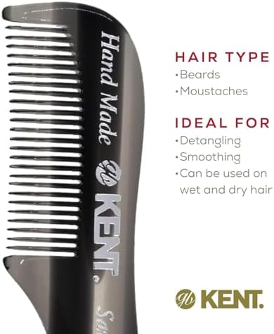 Kent A 81T Black Graphite X-Small Gentleman's Beard and Mustache Pocket Comb, Fine Toothed for Grooming and Styling. Saw-cut of Cellulose Acetate, Hand Polished. Hand-Made in England