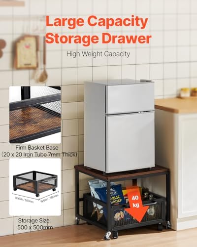 VEVOR Mini Fridge Stand with Storage, 198 lbs Mini Fridge Table with Movable Storage Cart & Swivel Wheels, Beverage Refrigerator Stand for Coffee Bar, Mini Fridge Organizer for Home Dorm, Dark Brown