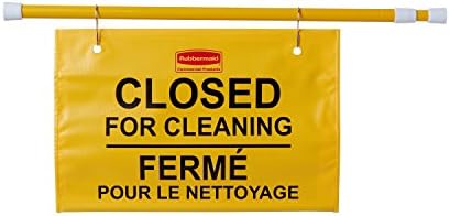 Rubbermaid Commercial Products Heavy Duty Extend-to-Fit, Multilingual "Closed For Cleaning" Hanging Doorway Safety Sign, Yellow, for Office/Restroom/Restaurant/School/Hospital/Hotel