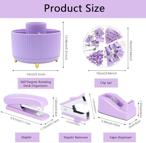 Office Supplies,Purple Desk Accessories,Office Supplies Set,Desk Organizer,Stapler,Tape Dispenser,Scissors,Staple Remover,Binder Clips,Staples,Ballpoint Pen,Index Tabs with Ruler,Clear Tape.10pcs
