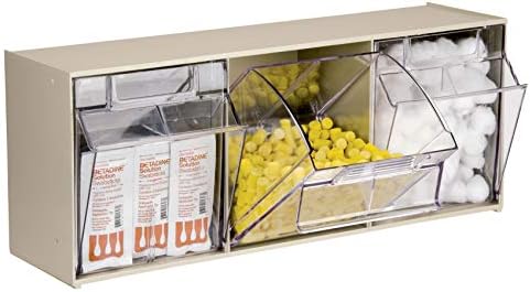 Akro-Mils TiltView Plastic Storage Cabinet with 3 Tilt Out Bins, Horizontal Plastic Parts Organizer, Teacher Toolbox, and Office Supply Organizer, 23-5/8" W x 9-7/16" H x 7-7/8" D, Stone