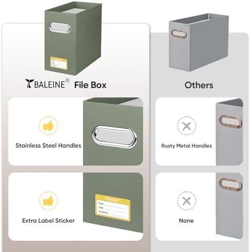 BALEINE File Organizer Box, Cardboard File Folder Organizer with Handle for Letter Size, Portable Collapsible Hanging Filing Box for Home Office Document Storage (2 Pack,Olive)