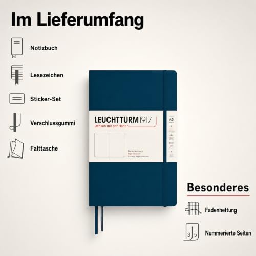 LEUCHTTURM1917 - Notebook Hardcover Medium A5-251 Numbered Pages for Writing and Journaling - Thinking Ahead (Plain Paper, Deep Sea)