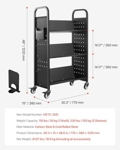 VEVOR Rolling Library Book Cart, 330 lbs Capacity, 30.3 x 15 x 48.0-Inch Library Cart, Single Sided V-Shaped Shelves with 3-Inch Lockable Wheels, Book Truck for Home Shelves Office and School, Black