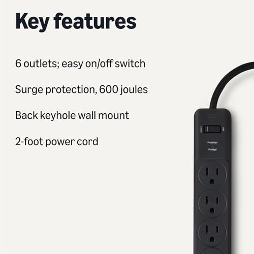 Amazon Basics Rectangle 6-Outlet Surge Protector Power Strip with Circuit Breaker, 600 Joule, 2ft Cord, Black, 2-Pack