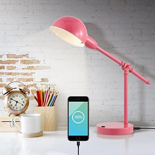 JONATHAN Y Curtis Task Lamp 20.25" Industrial Metal Adjustable USB, Pink