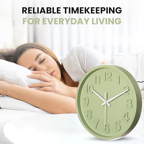 Clockswise 12-Inch Modern Minimalist Round Plastic Wall Clock Green Dial with Bold Arabic Numerals Analog Display Step Movement Easy-to-Read Timepiece for Living Room Kitchen Office Bedroom Wall Decor