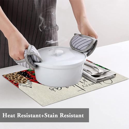 Merry Christmas Placemat 1PC, Buffalo Plaid Xmas Tree Winter Forest Farmhouse Heat Resistant Washable Table Place Mats Red Green Table Linens Party Holiday Decor for Kitchen Dining Outdoor Indoor