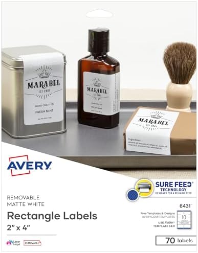Avery® Rectangle Removable Labels, 2" x 4", Matte White, Sure Feed® Technology, Laser/Inkjet Compatible, 70 Printable Labels Total (6431)