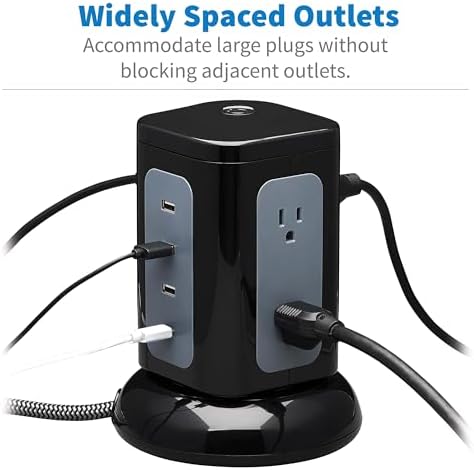 Tripp Lite TLP606UCTOWER Charging Tower Power Strip Surge Protector & Charging Station with USB Ports, 1800 Joules, 6 Outlets, 3 USB-A + 1 USB-C, 8ft Cord, Dorm Room Essentials Desk Accessory