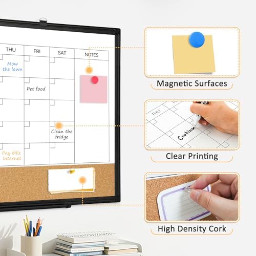 Monthly Dry Erase Calendar Whiteboard with Corkboard, 24" x 18", Black
