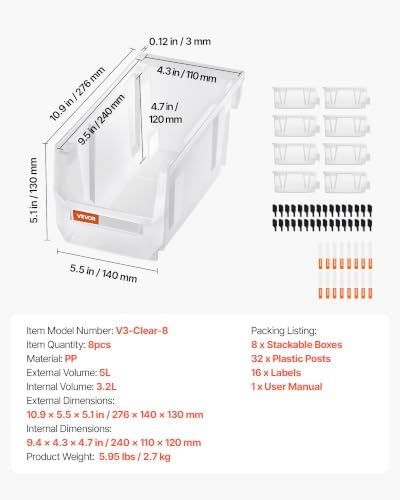 VEVOR Plastic Stackable Storage Bins, 10.9 x 5.5 x 5.1 inch (8 Pack), Plastic Containers for Organizing & Storage Bins for Closet, Garage, Small Parts, Office Supplies, Other Accessories, Transparent