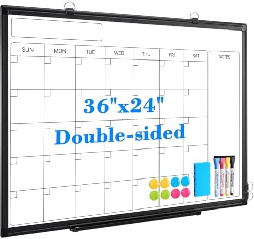 Whiteboard Calendar 36x24 Magnetic Dry Erase Board for Wall, Black
