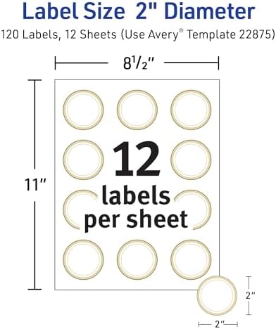 Avery Printable Round Labels, 2" Diameter, Matte White with Metallic Gold Borders, Permanent Adhesive, 120 Blank Labels, Great for Weddings, Showers, Holidays, and More (22875)