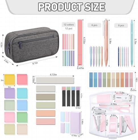 Sinload 60 Pcs Aesthetic Book Annotation Kit Gray Pencil Case with Highlighter Gel Pen Mechanical Pencil Magnetic Bookmarks Transparent Sticky Note Tabs Mini Office Supplies
