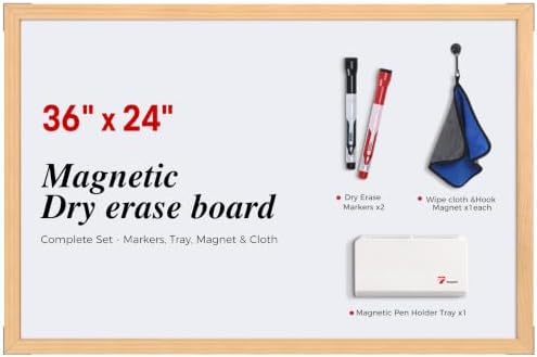 TOWON Magnetic Whiteboard, 36 x 24 Inch, Solid Pine Wood Frame, Natural