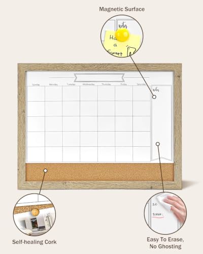 Dry Erase Calendar Whiteboard for Wall, Small Combination Magnetic Dry Erase White Board & Bulletin Board, 13" x 17" Rustic Brown Frame Calendar/Cork Combo Board(RB-3343)