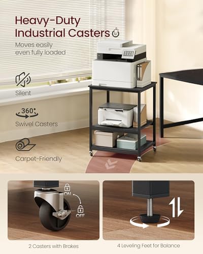 VASAGLE 3-Tier Printer Stand with Locking Wheels, Under Desk Printer Table