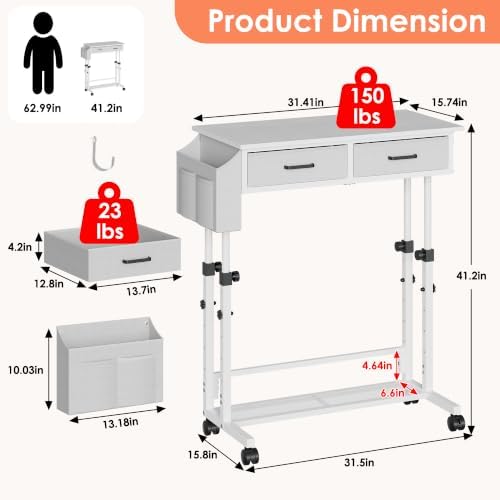 Standing Desk with Wheels, Adjustable Height Rolling Desk with 2 Drawers