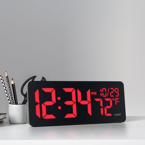 La Crosse Technology 513-1411R Red Digital LED Wall Clock with Indoor Temperature