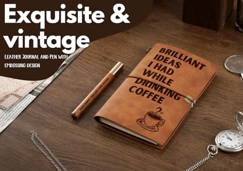 InnoBeta Coffee gifts Leather Journal Notebook with Pen, for Coffee Lovers, Men, Women on Birthday, Refillable Sketchbook, Travel Diary, Lined Planner, 7x5 Inches, Brown