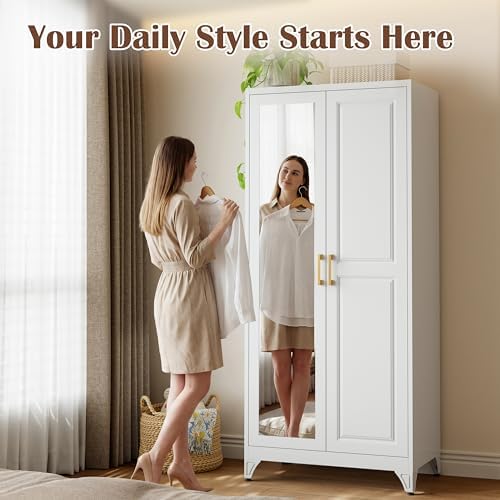 SteeLoong 71”Armoire Wardrobe Close,White Wardrobe Cabinet with Mirror Door