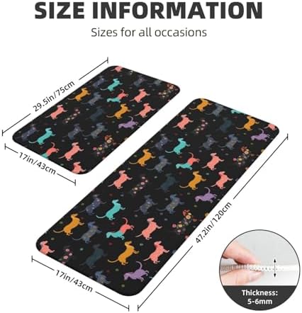 Dachshund Puppy Dog Kitchen Floor Mat 2 Sets, Non Slip Rugs Absorbent Mats for Floor Countertop Office Home, Black Cartoon Indoor Outdoor Decor Doormat 17" x 29.5" + 17" x 47"