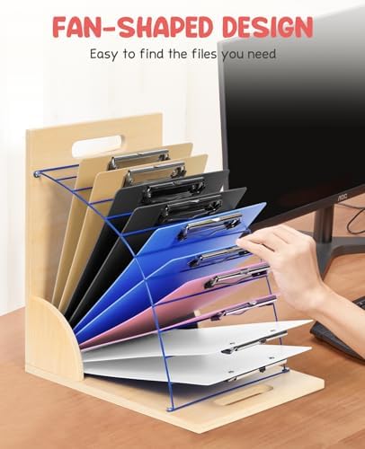 GAMENOTE Clipboard Holder, Wood and Metal Clipboard Holder Stand, Small White Board Storage Rack Organizer for Classroom, Office, Assembly Required (1)